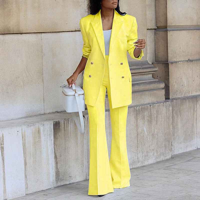 Women's Tailored Pantsuit - Blazer with Flared High Waist Trousers - Double Button Design Yellow