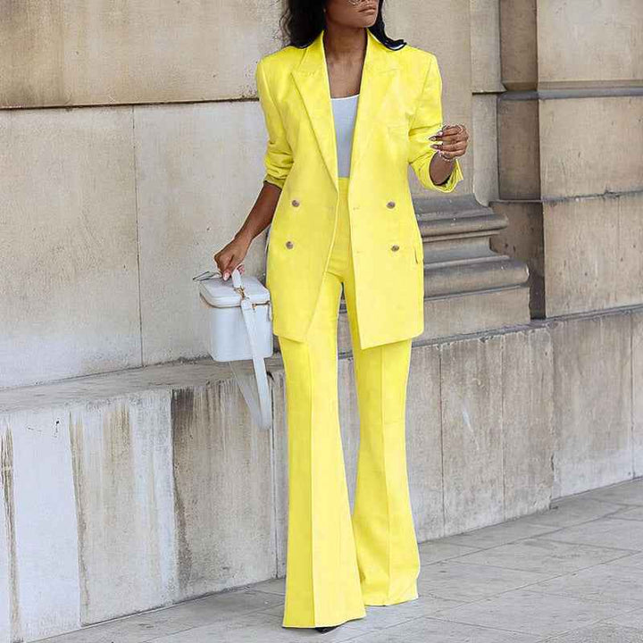 Women's Tailored Pantsuit - Blazer with Flared High Waist Trousers and Double Row Buttons Yellow