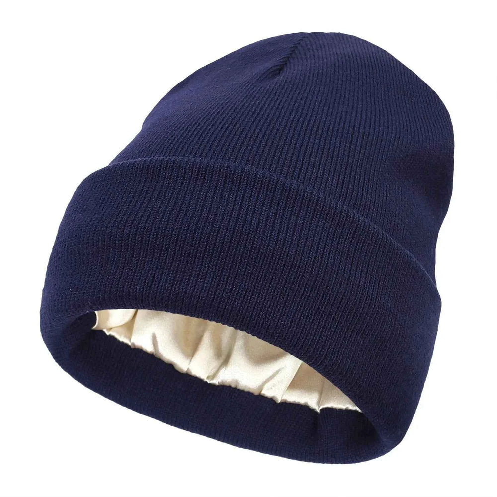 Wool Blend Ribbed Cuffed Beanie | Satin Lined for Comfort Navy Blue