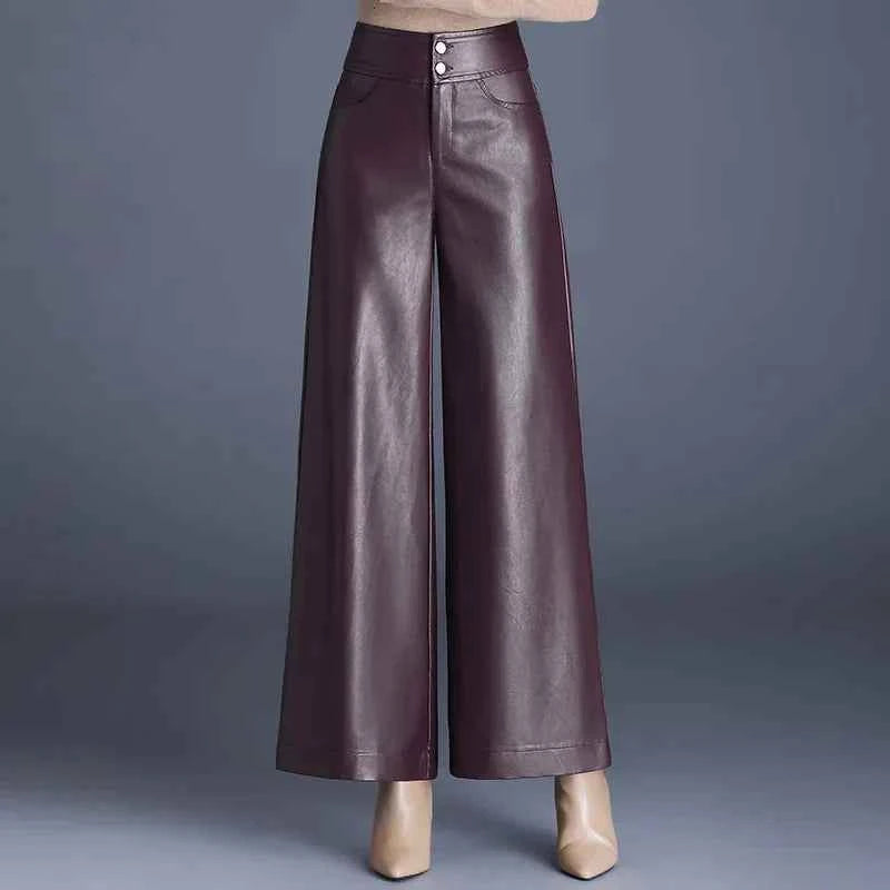 Women's Wide-Leg Leather Pants Red