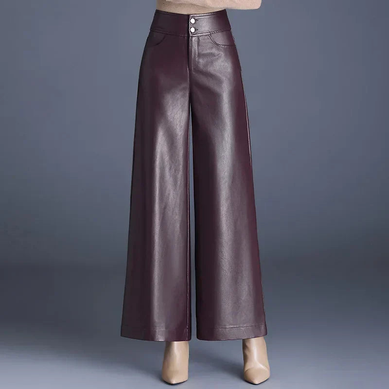 Stacia | Women's High Waist Faux Leather Trousers - Chic & Comfortable Burgundy