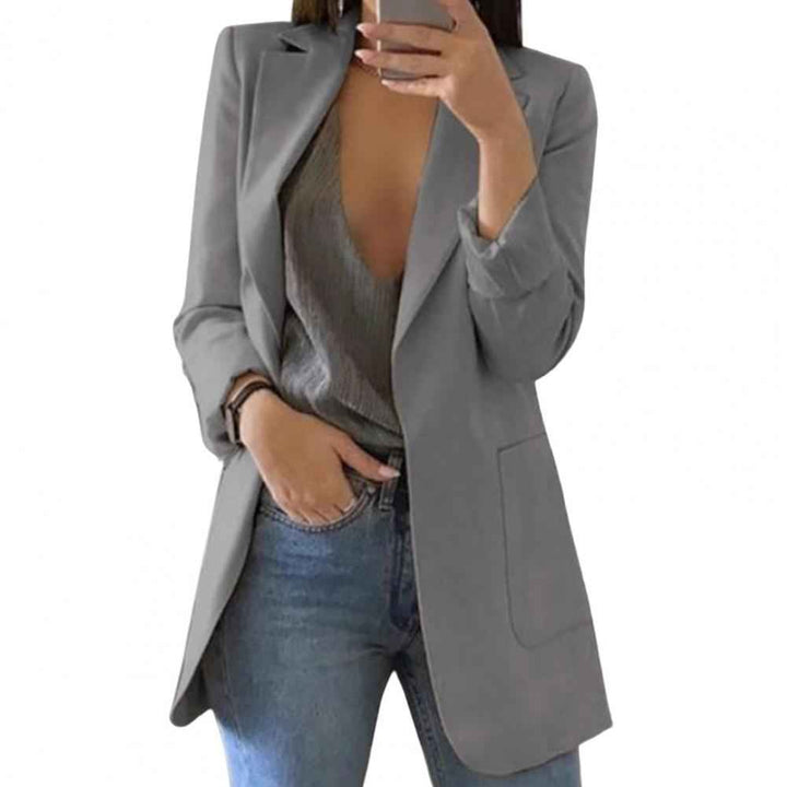 Women's Tailored Blazer – Hip Length – Open Front – Large Pockets Grey