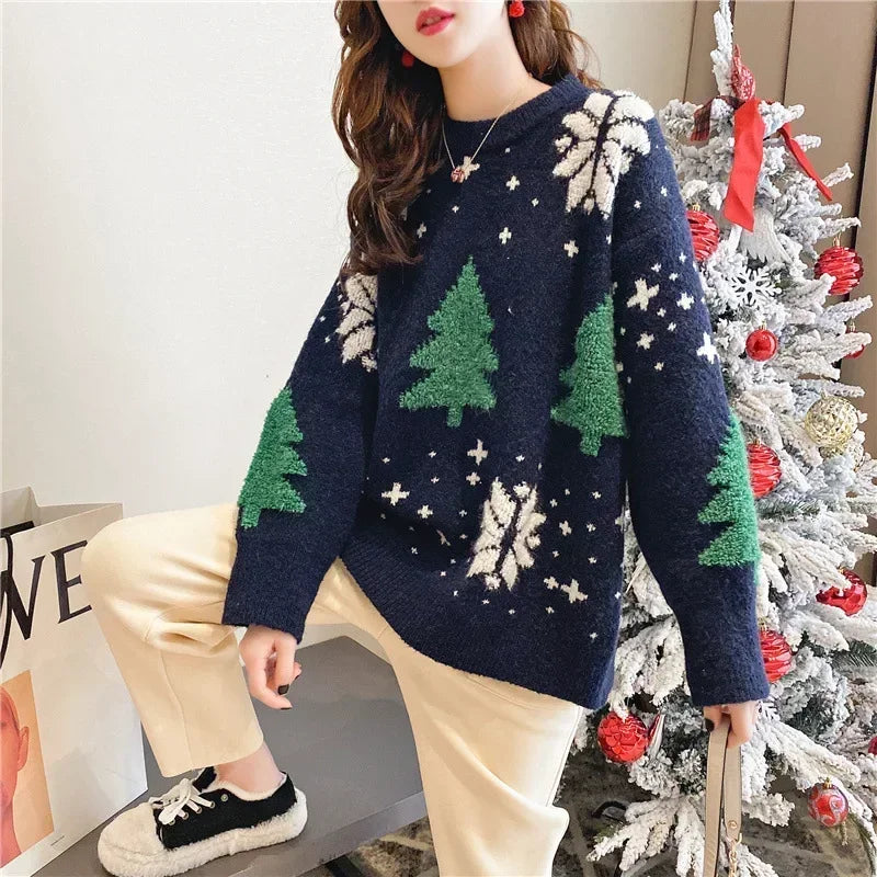 Women's Thickened Color Blocked Christmas Sweater Winter INKGreen One Size