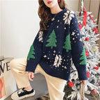 Women's Thickened Color Blocked Christmas Sweater Winter INKGreen One Size