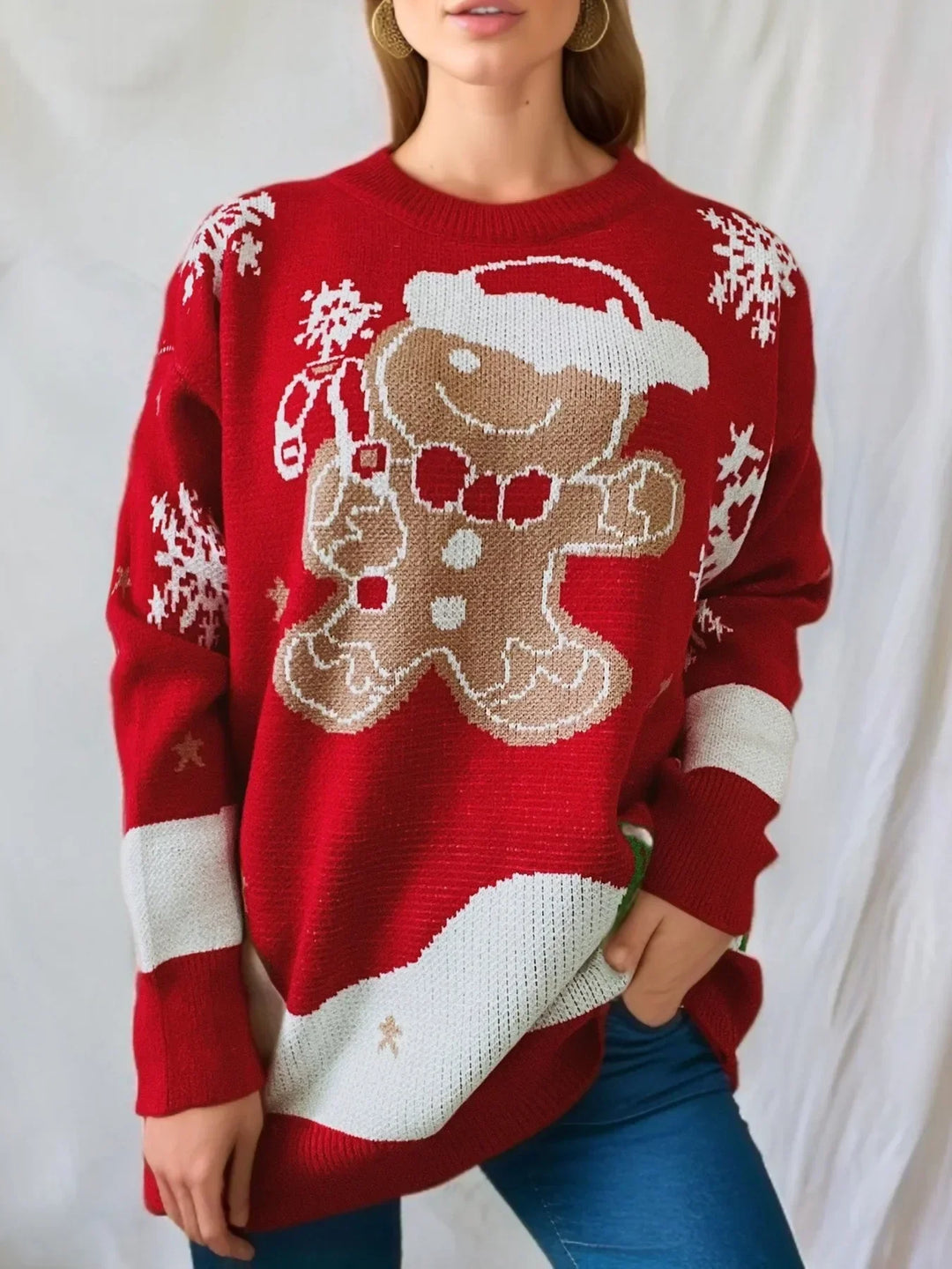 Women's Christmas Snowman Knitted Long Sleeve Jumper Red snowflakes