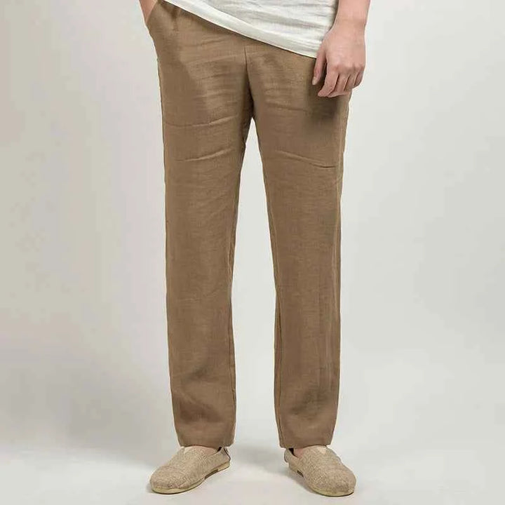 Men's Relaxed Straight Fit Trousers – Breathable Natural Fabric – Full Length Khaki