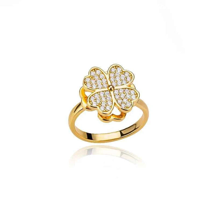 Adjustable Lucky Clover Ring Crystal Gold
