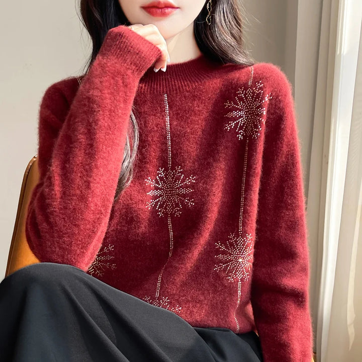 Women's Christmas Style Mock Neck Long Sleeve Warm Pullover Jumper Red