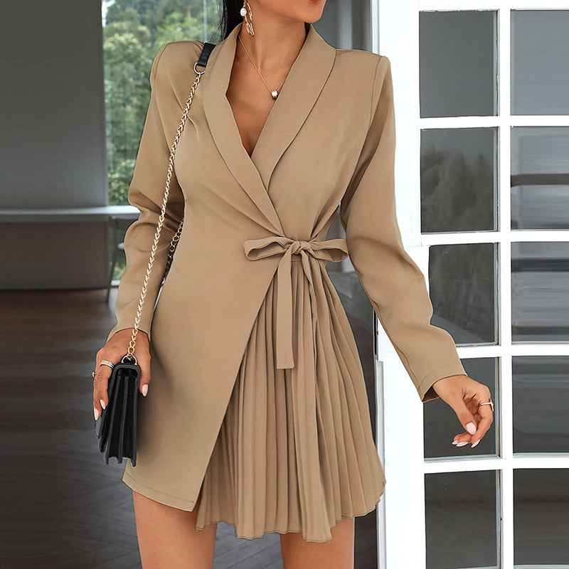 Women's Fitted Blazer Dress with Bow Closure and Pleated Detail - Long Sleeves Brown