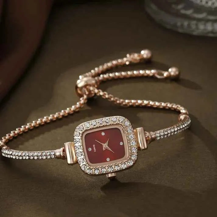 Crystal Embellished Standard Fit Bracelet Watch | Elegant Solid Design Burgundy