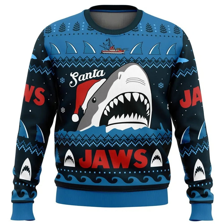 Grim julesweatshirt med rund hals til mænd - design med julemand og haj, store størrelser