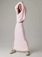 Women's Oversized Knitted Sweater and Maxi Skirt Set – Comfortable Casual Lounge Wear Pink