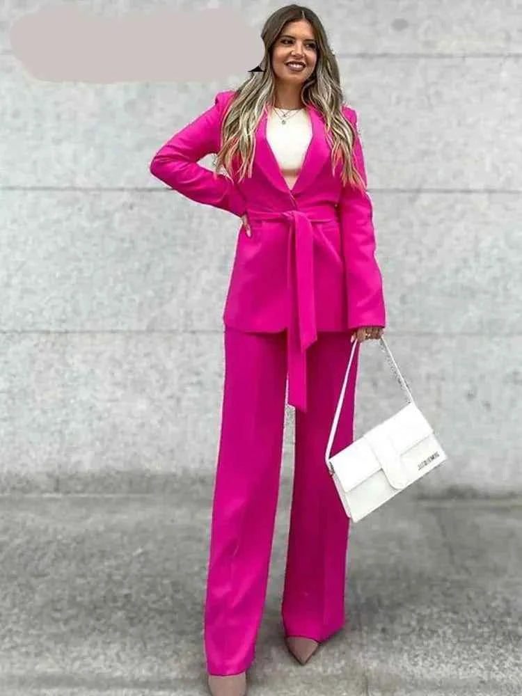 Women's Tailored Blazer Pantsuit - Shawl Collar, High Waist, Straight Legs