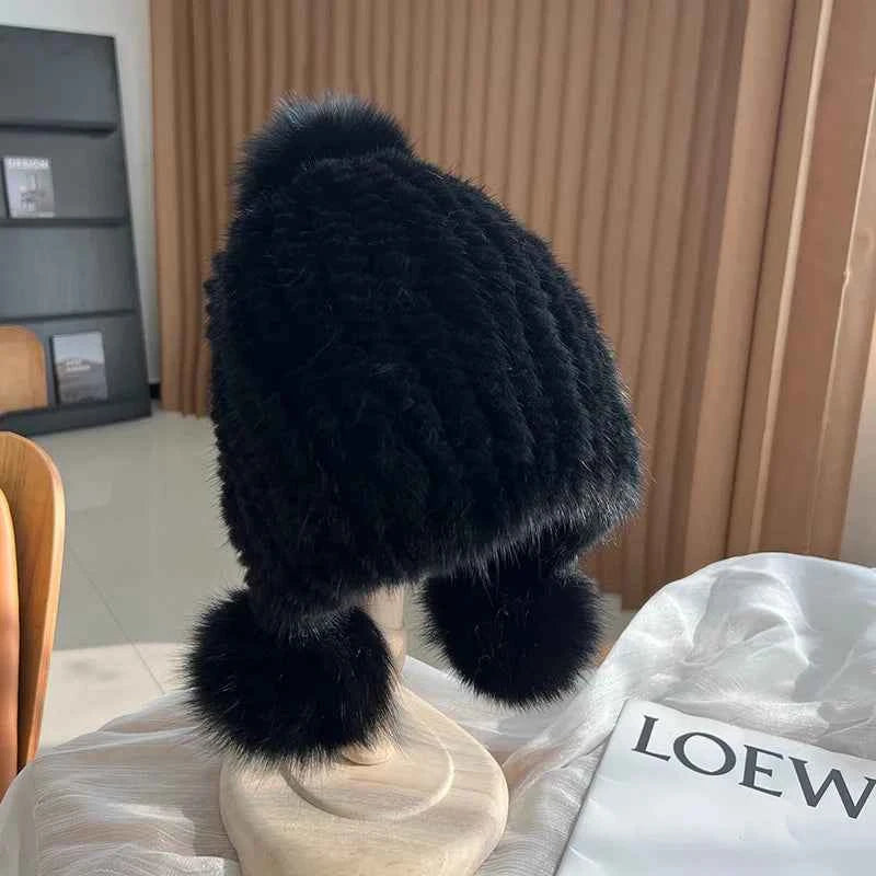 Ribbed Snug Fit Beanie Hat with Pom-Pom Earflaps Black