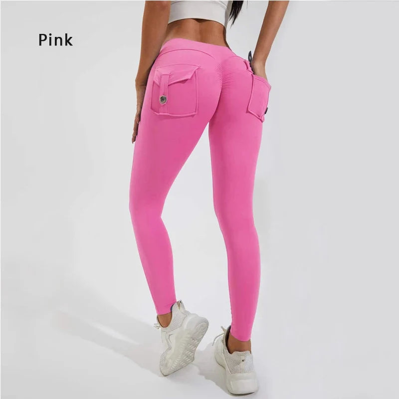 Women's Breathable Yoga Pants with Butt Pocket, Nylon Sports Leggings Pink