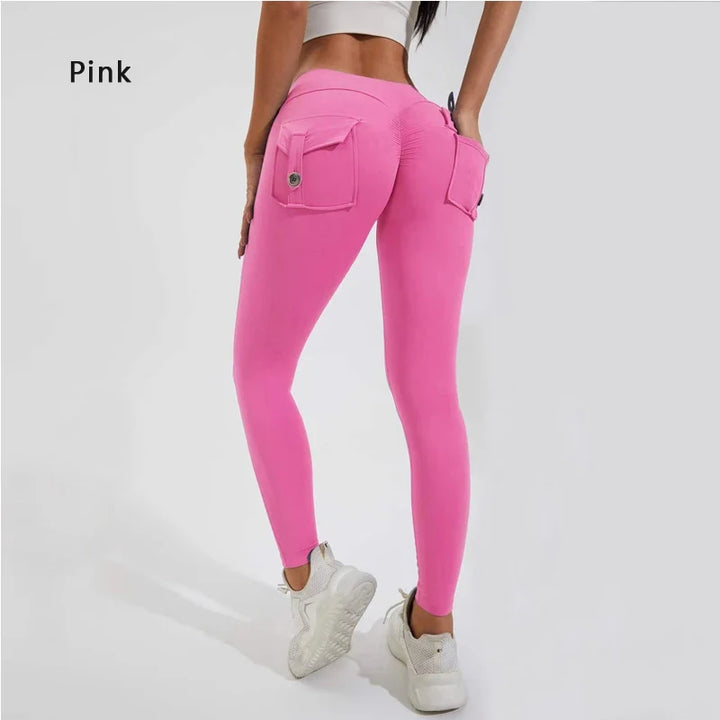 Women's Breathable Yoga Pants with Butt Pocket, Nylon Sports Leggings Pink