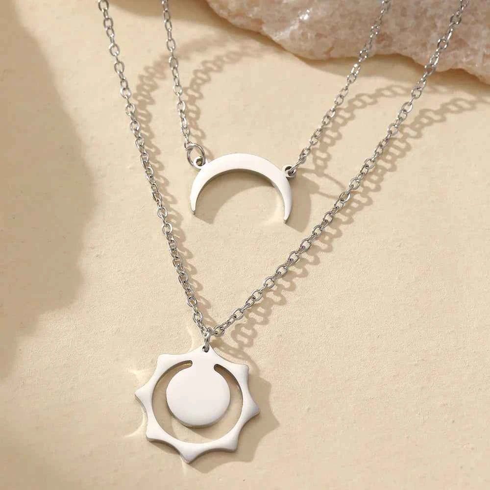 Celestial Sun and Moon Pendant Necklace Silver