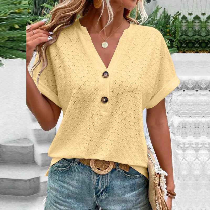 Women's Short Sleeve V-Neck Blouse Yellow