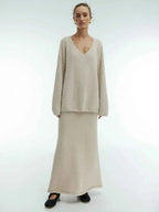 Women's Oversized Knitted Sweater and Maxi Skirt Set – Comfortable Casual Lounge Wear Apricot