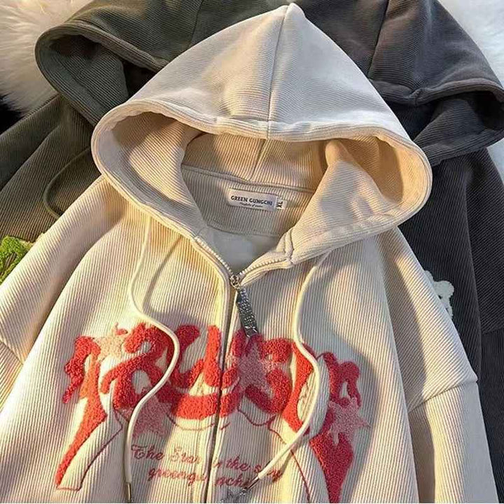 Hoodie Women Harajuku Zip-Up Embroidered Hoodie – Oversized Streetwear