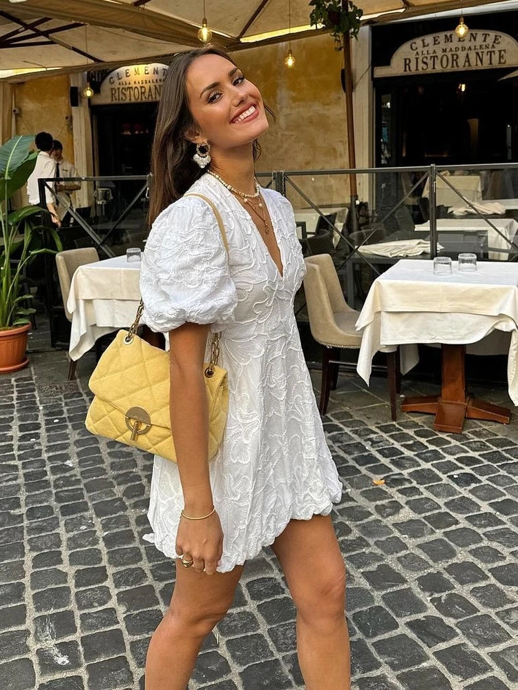 Fay | Women's White Dress with Ruffled Embroidery