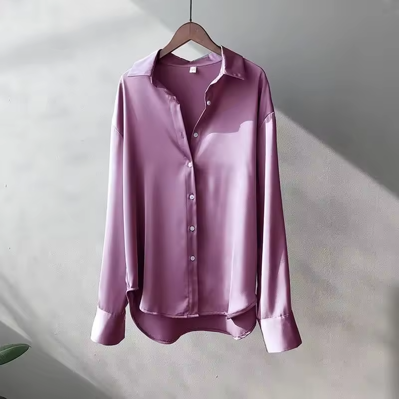 Women's Long Sleeve Silk Blouse - Satin Button-Up Shirt Purple