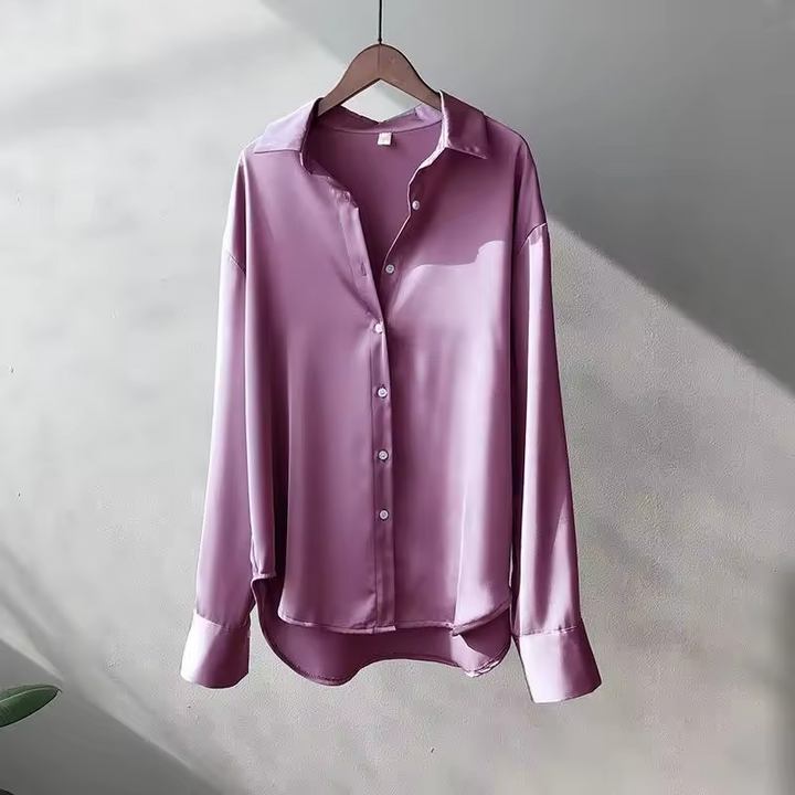 Women's Long Sleeve Silk Blouse - Satin Button-Up Shirt Purple