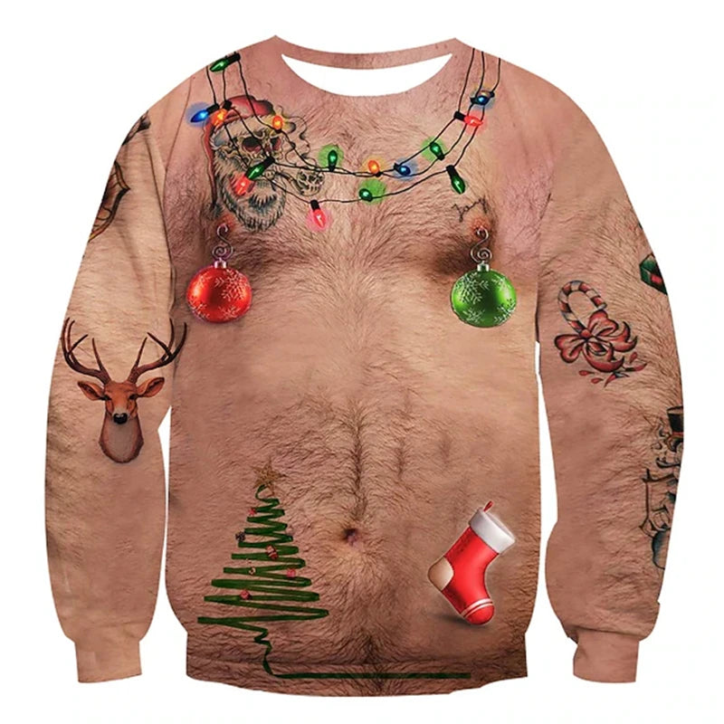Sjov grim julesweater med 3D-print til mænd - festpullover som gave