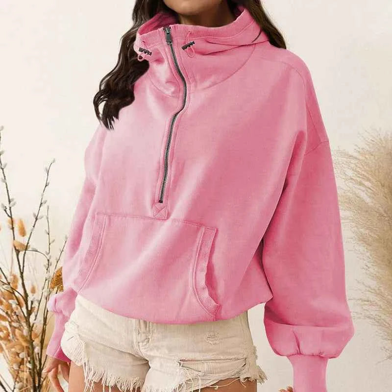 Women's Zip-Up Lazy Style Hoodie D Pink