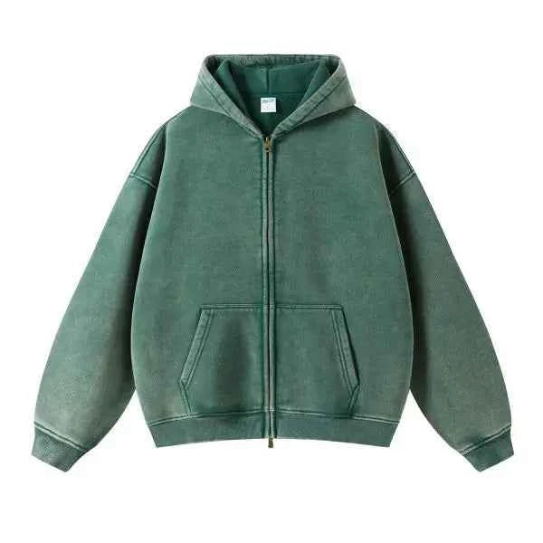 Men and Women's Full-Zip Batik-Wash Street Hoodie Green