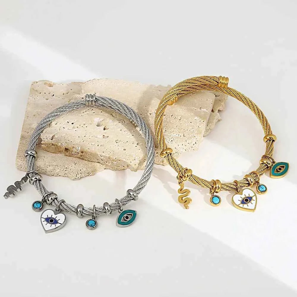 Open Cuff Bracelet with Evil Eye and Heart Charms