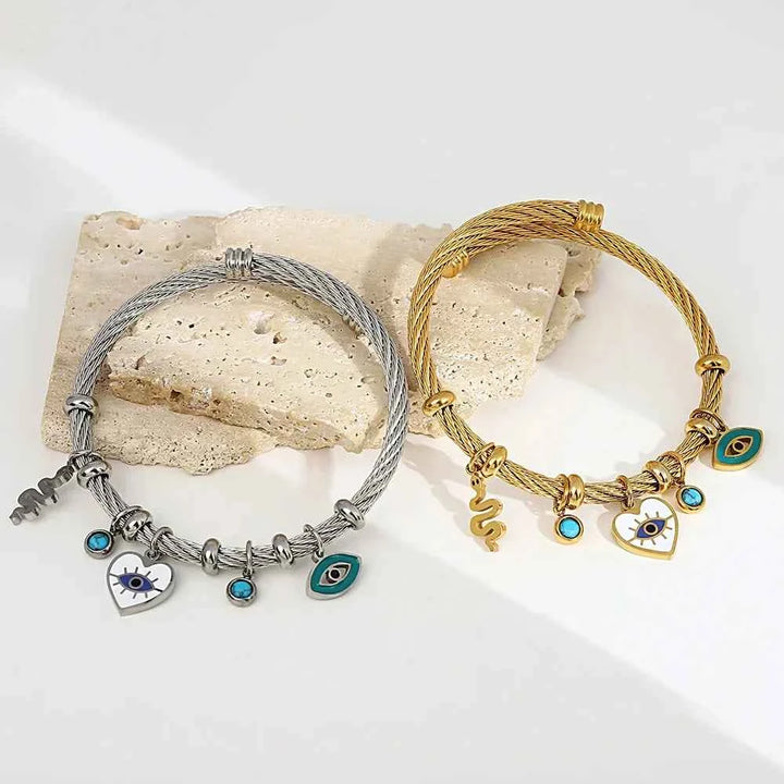 Open Cuff Bracelet with Evil Eye and Heart Charms
