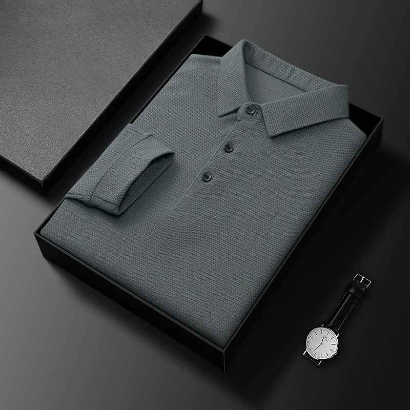 Men's Long Sleeve Polo Shirt – Textured, Breathable Fabric for Comfort Grey-Green