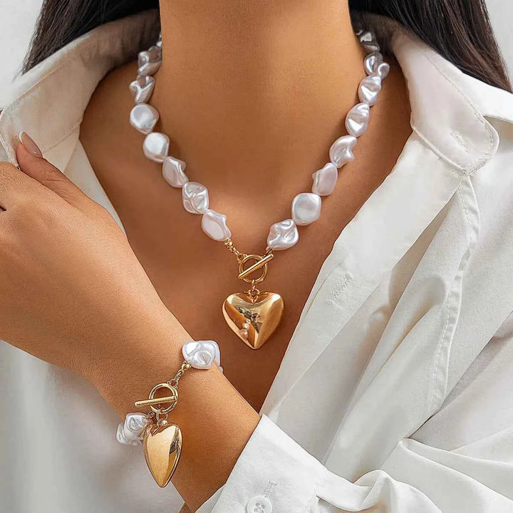 Elegant Pearl Heart Jewelry Set Gold Set