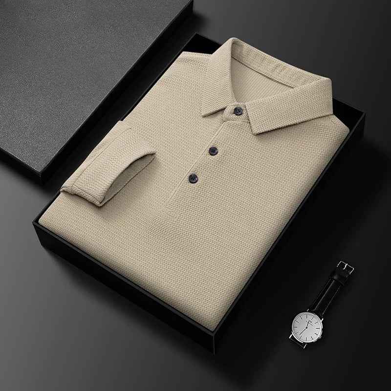 Men's Long Sleeve Polo Shirt – Textured, Breathable Fabric for Comfort Beige