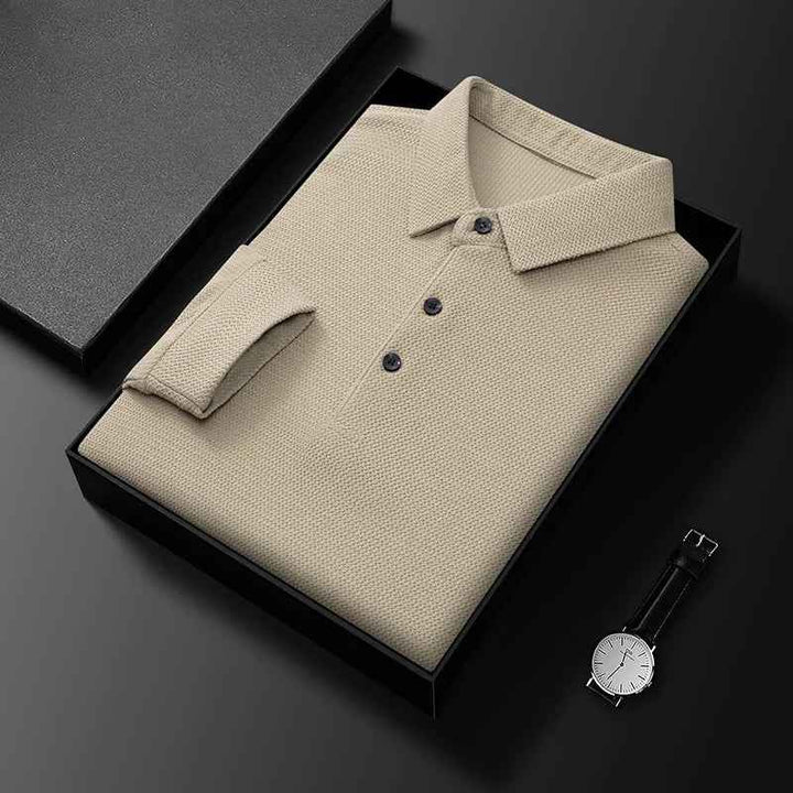 Men's Long Sleeve Polo Shirt – Textured, Breathable Fabric for Comfort Beige