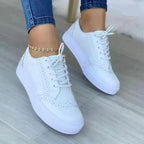 Women's Casual Lace-Up Sneakers with Round Toe Cap - Flat Style White