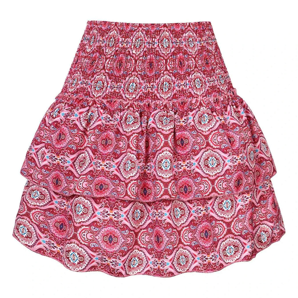 Women's Paisley Print Mini Skirt with Smocked Waist and Layered Ruffles – Casual Comfort