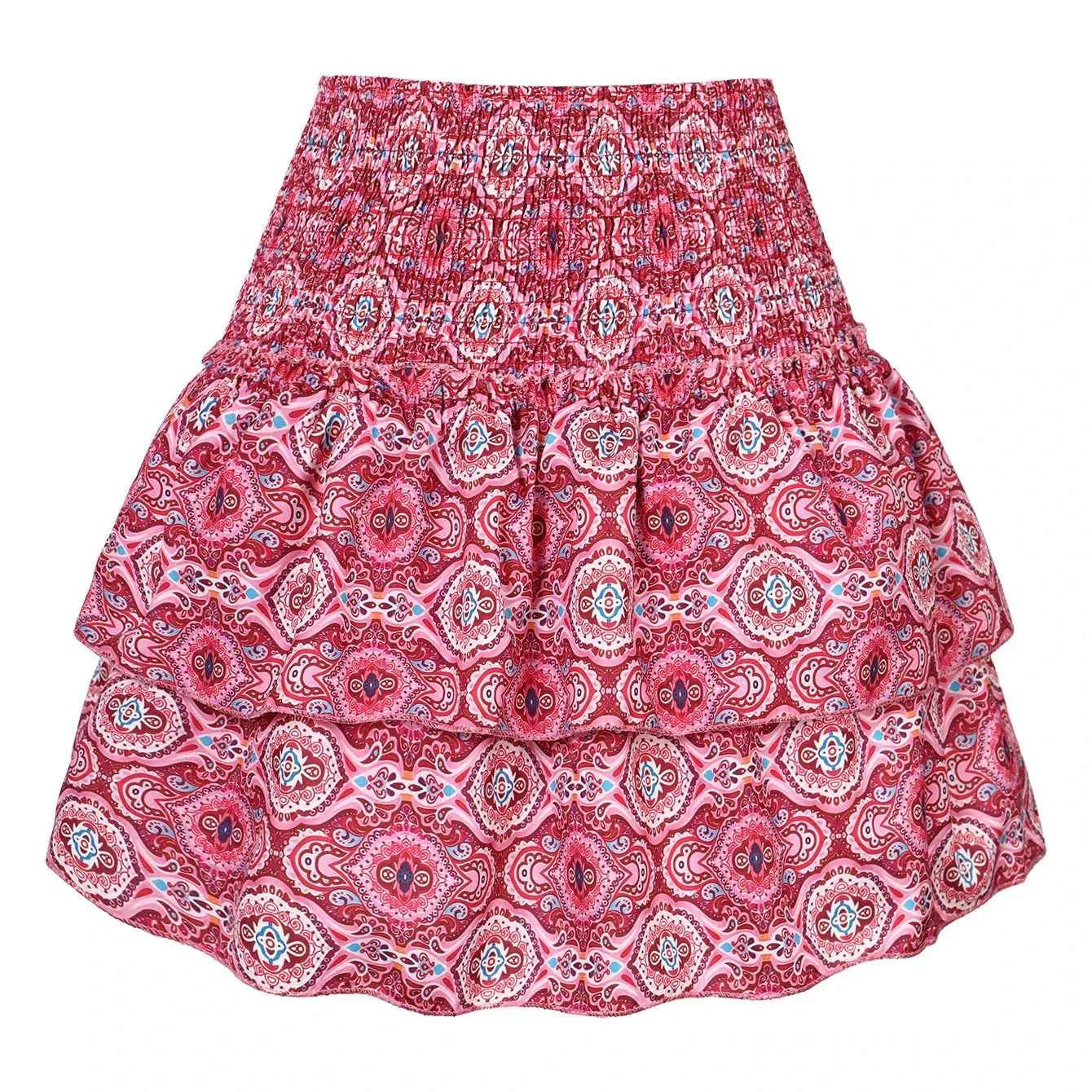 Women's Paisley Print Mini Skirt with Smocked Waist and Layered Ruffles – Casual Comfort