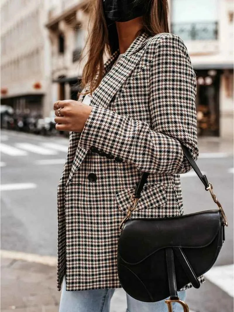 Women's Tailored Double-Breasted Blazer - Pied-de-Poule Pattern - Classic Style