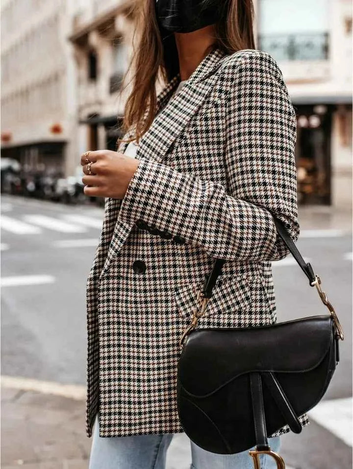 Women's Tailored Double-Breasted Blazer - Pied-de-Poule Pattern - Classic Style
