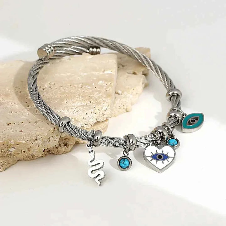Open Cuff Bracelet with Evil Eye and Heart Charms