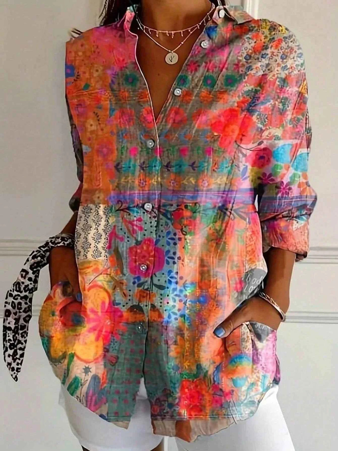 Women's Floral Loose Fit Button-Up Shirt Orange