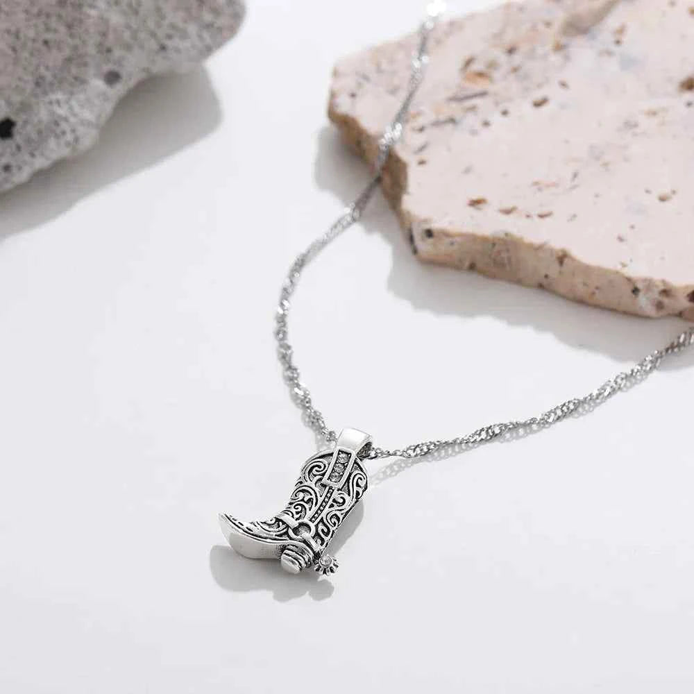 Fur Trim Spur Pendant Necklace in Cowboy Boot Design Silver
