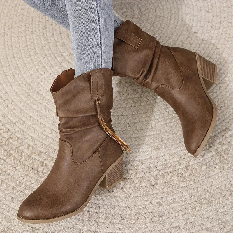 Women's Block Heel Western Style Boots Dark Brown B