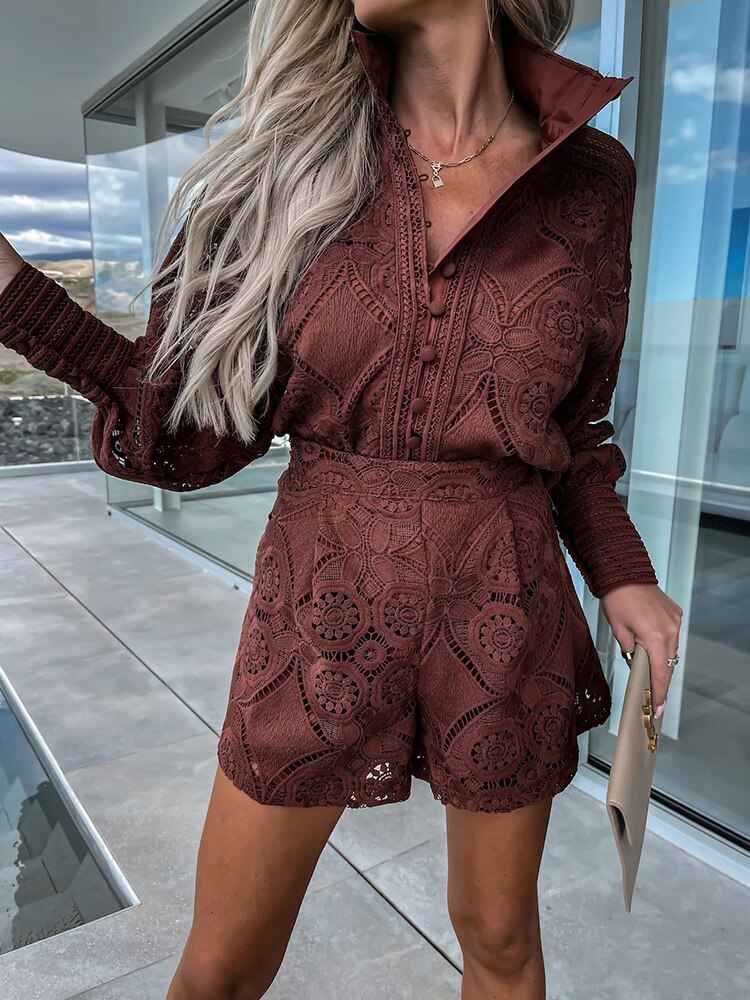Women's Elegant Lace Blouse with Long Sleeves & High Waist Shorts Set