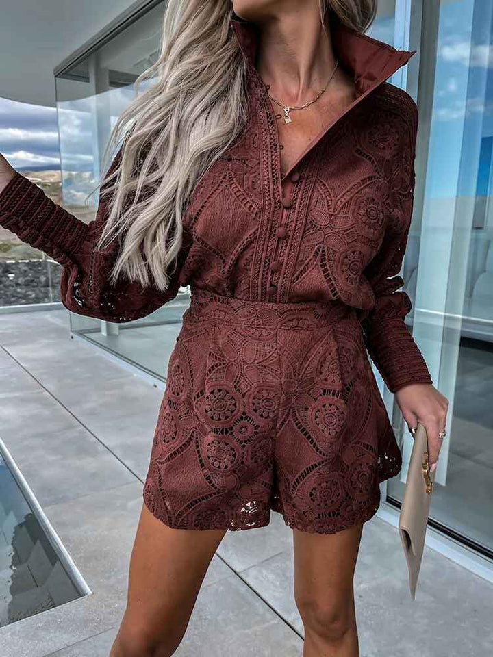 Women's Elegant Lace Blouse with Long Sleeves & High Waist Shorts Set