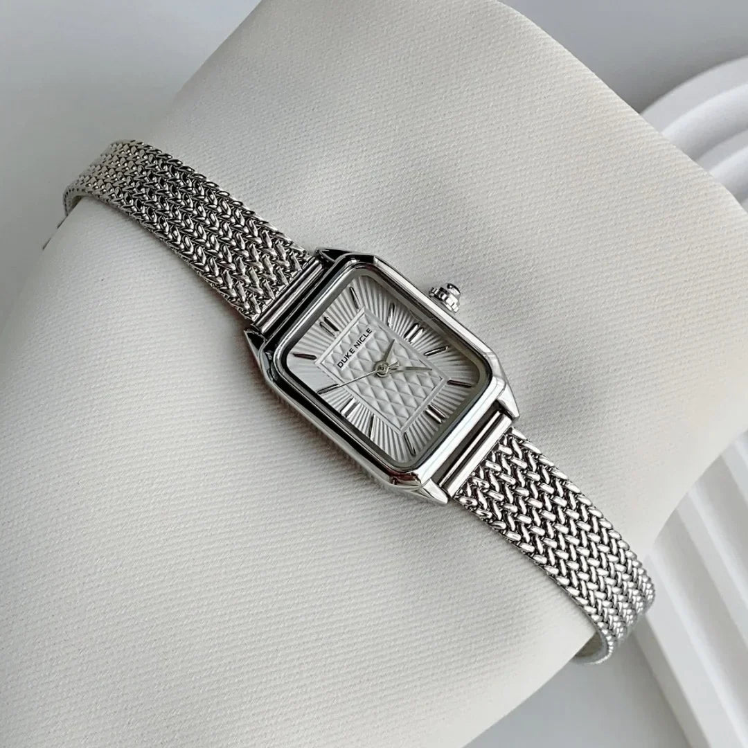 Geometric Rectangular Wristwatch with Mesh Band and Textured Dial