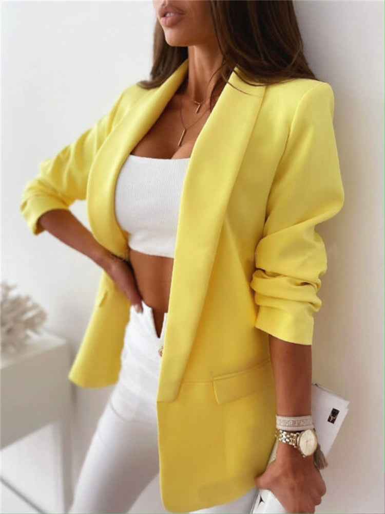 Women's Tailored Blazer – Single-Breasted, Long Sleeve – Business Casual Style Yellow