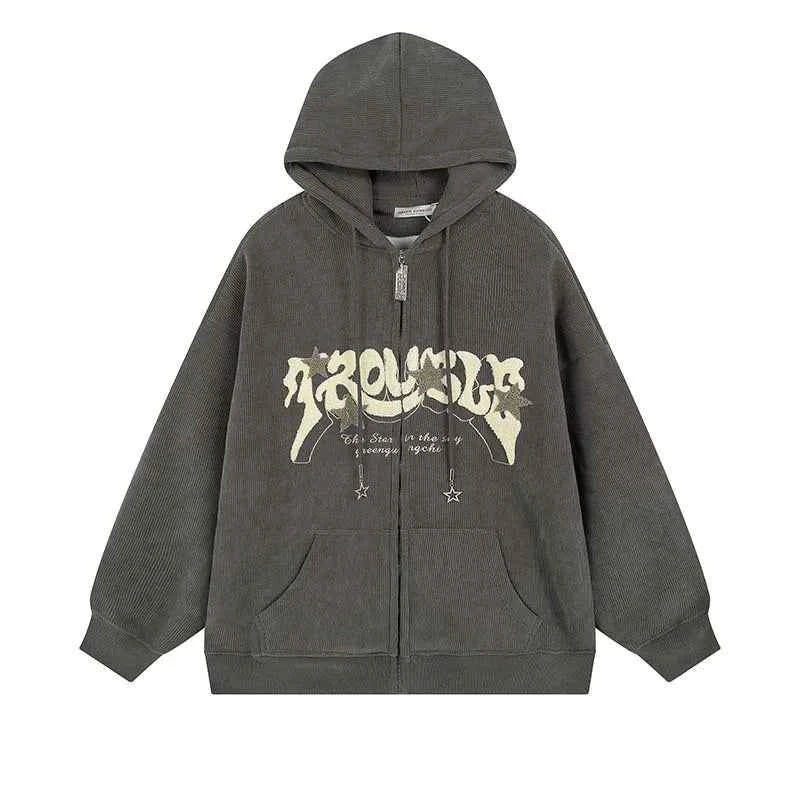 Hoodie Women Harajuku Zip-Up Embroidered Hoodie – Oversized Streetwear Gray